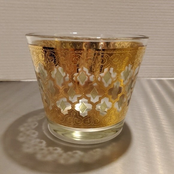 Vintage Culver Valencia 22K Gold Glass Ice Bucket with Green Diamonds MCM - Picture 4 of 11